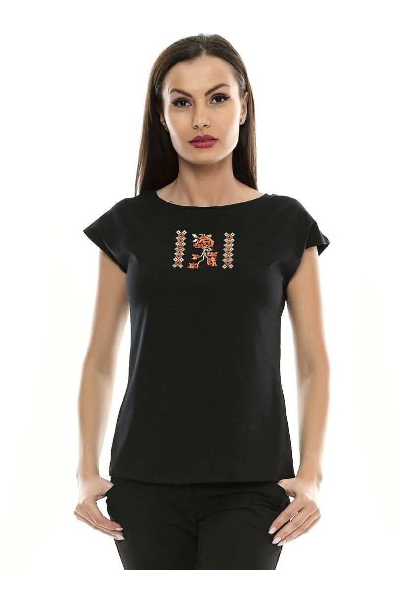 Tricou dama cu broderie traditionala, Criastallus, B84, Negru