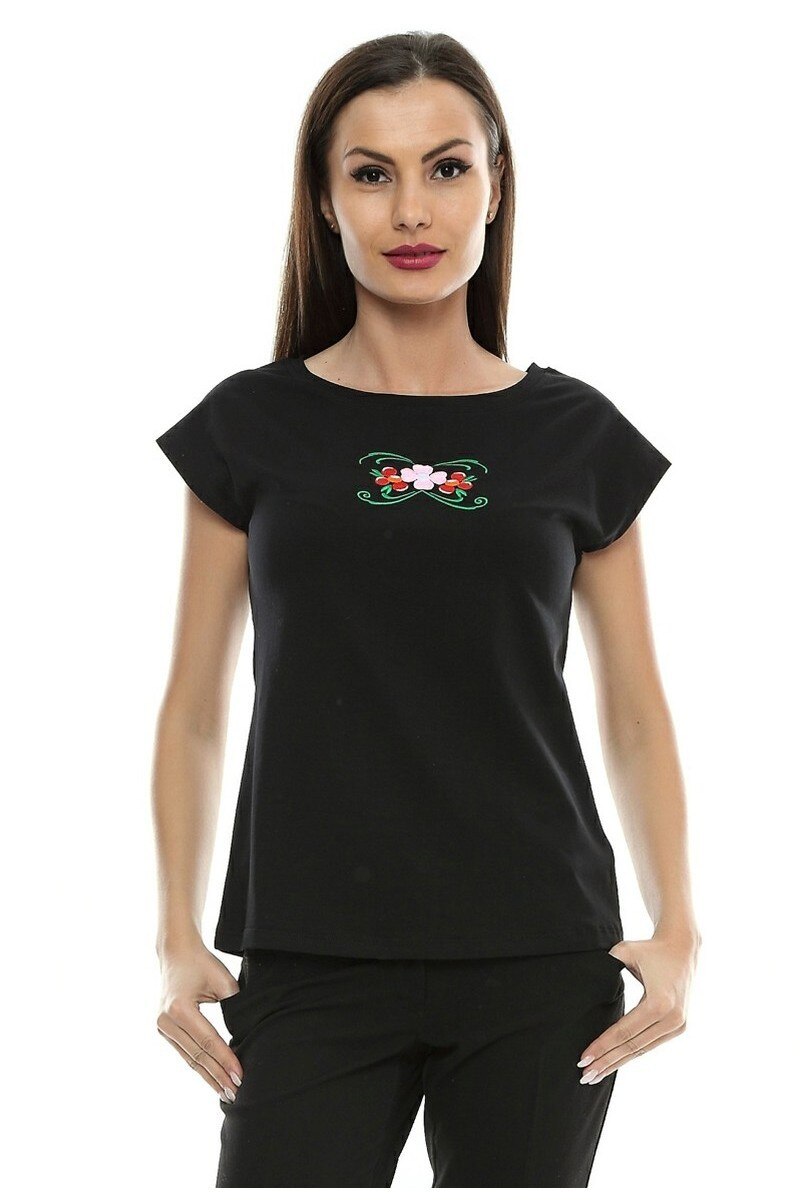Tricou dama cu broderie traditionala, Criastallus, B85, Negru