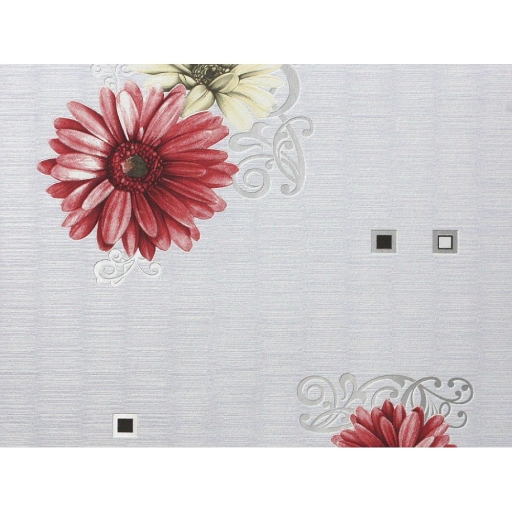 Tapet Slavyanski Oboi, Gerbera 861-10, model cu flori, gri-rosu, superlavabil, vinil, rezistent la apa, pentru bai si bucatarii, rola 0.53 m x 10.05 m