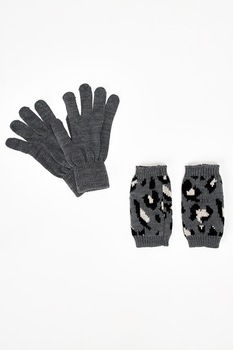 DeFacto, Set de manusi si manusi fara degete, 2 perechi, Gri/Alb, ONE SIZE Standard DeFacto, Set de manusi si manusi fara degete, 2 perechi, Gri/Alb, ONE SIZE Standard