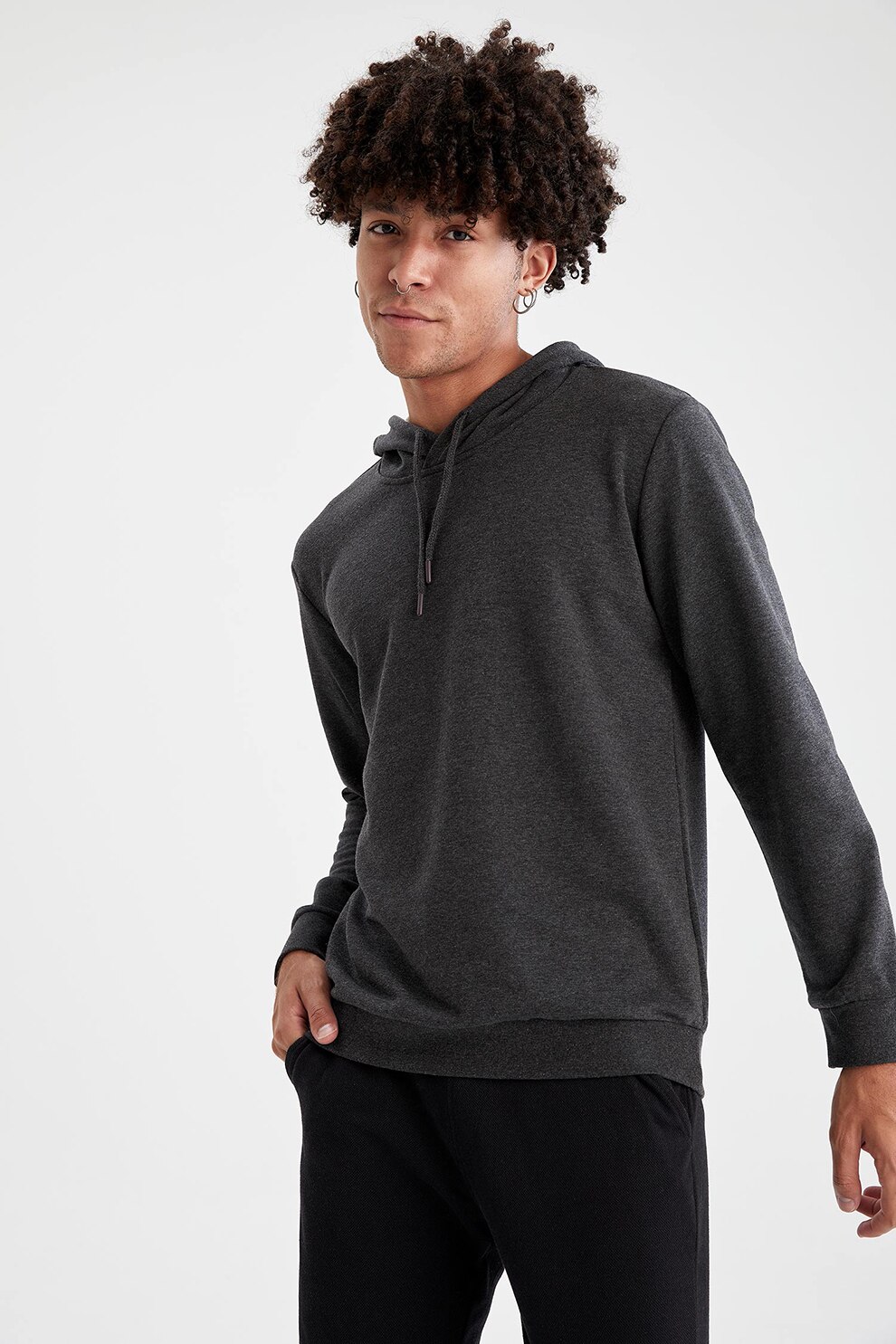 DeFacto, Hanorac regular fit cu snur de ajustare, Gri inchis melange