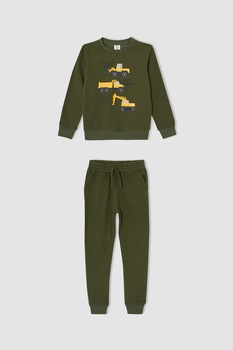 DeFacto, Set de bluza sport si pantaloni sport cu imprimeu grafic, Verde militar/Galben DeFacto, Set de bluza sport si pantaloni sport cu imprimeu grafic, Verde militar/Galben