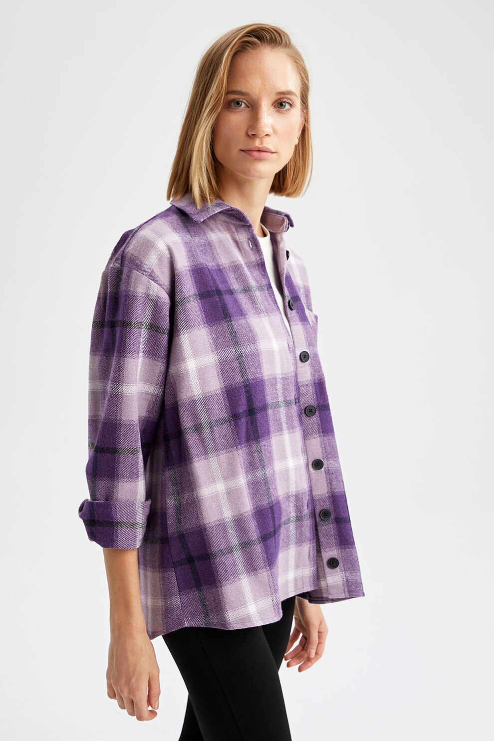 DeFacto, Camasa supradimensionata in carouri cu buzunar pe piept, Lila/Alb