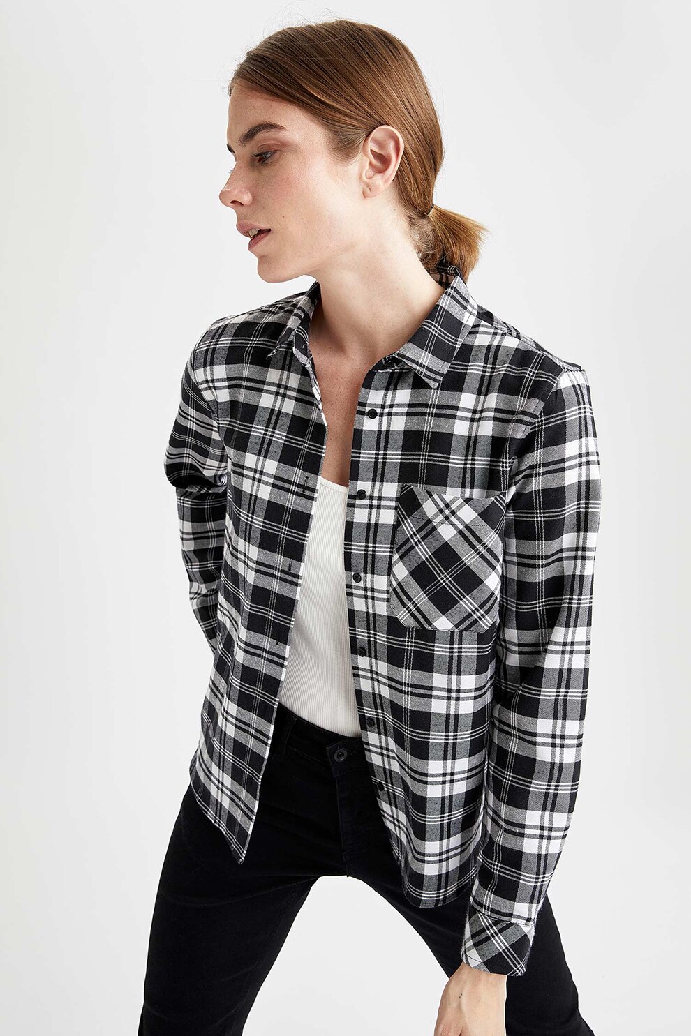 DeFacto, Camasa relaxed fit in carouri, Negru/Alb