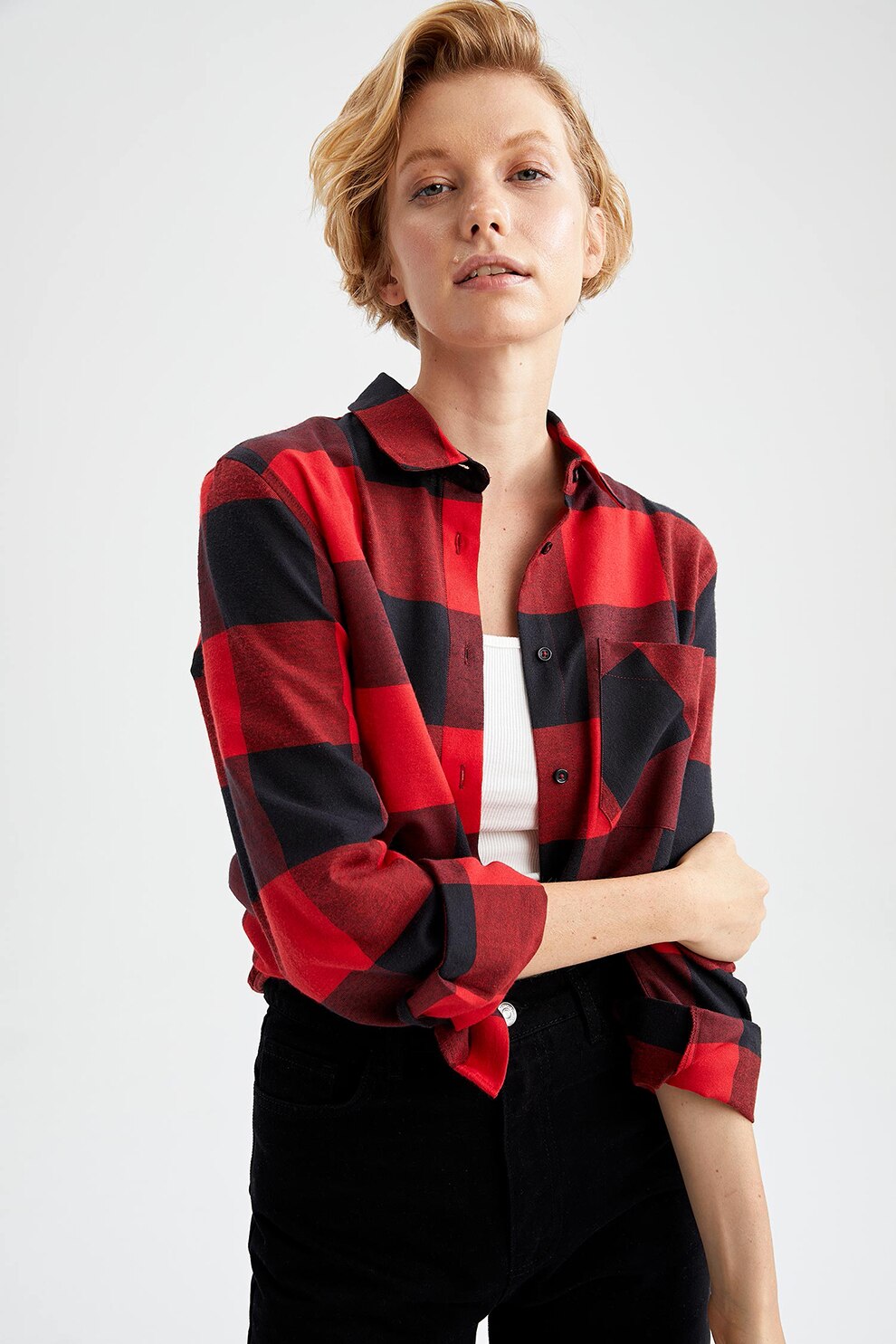 DeFacto, Camasa relaxed fit in carouri, Rosu/Negru