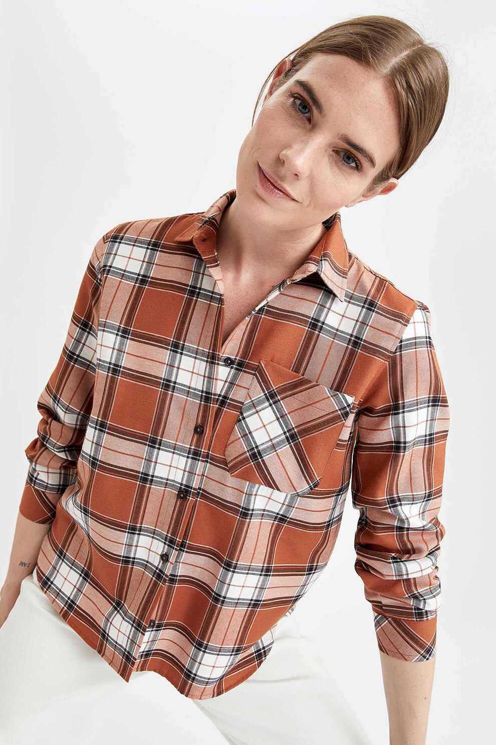 DeFacto, Camasa relaxed fit in carouri, Maro scortisoara/Negru/Alb