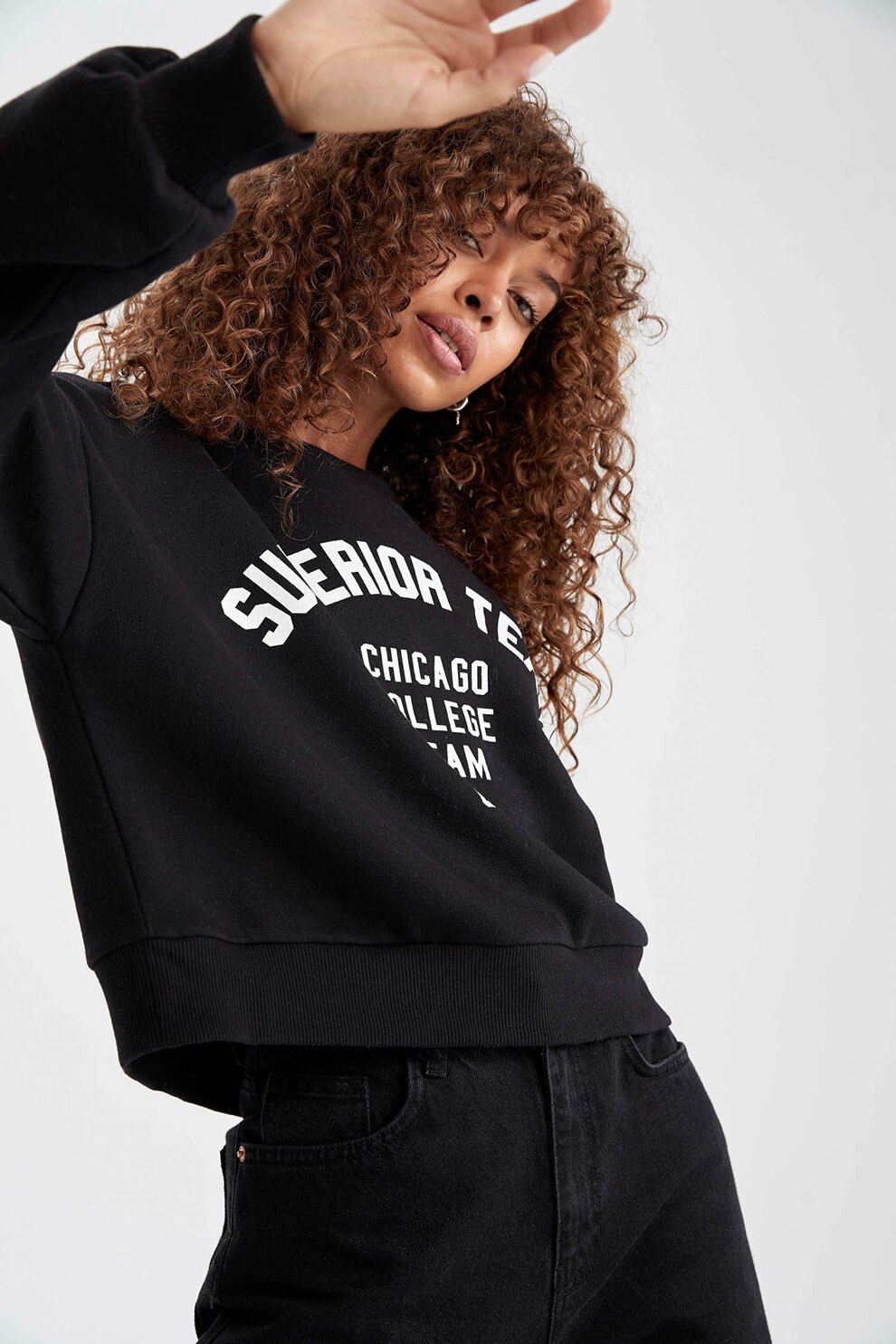 DeFacto, Bluza sport cu imprimeu text si maneci cazute, Negru/Alb