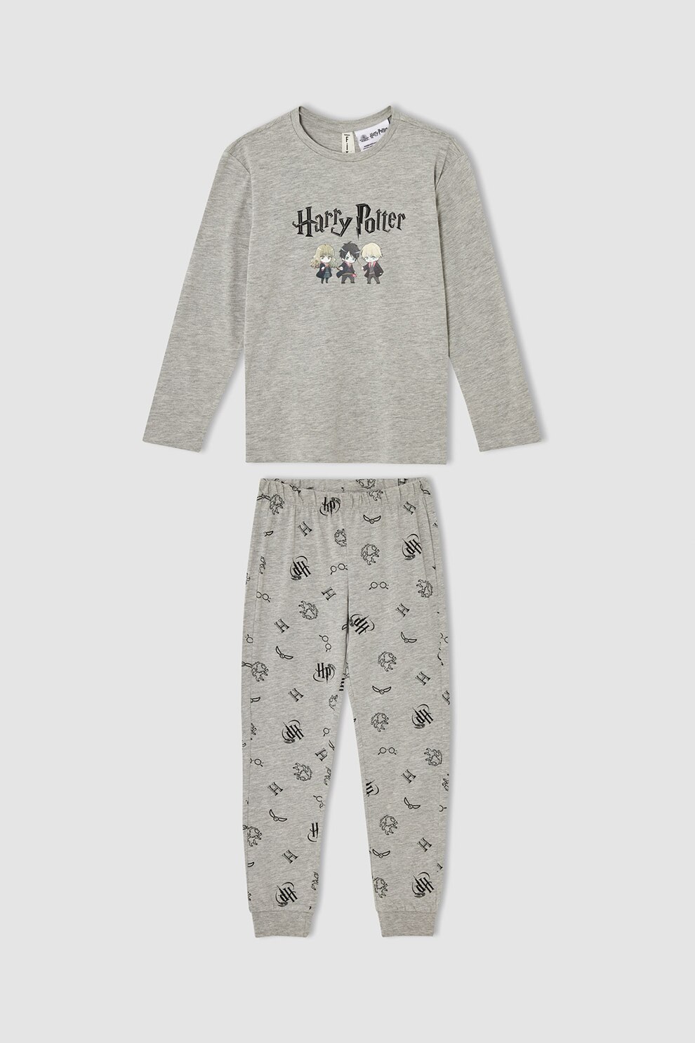 DeFacto, Pijama din amestec de bumbac cu imprimeu, Gri melange/Negru, 122-128 CM