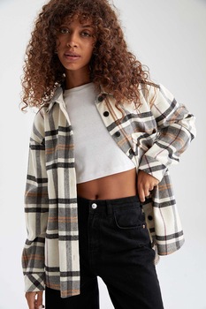 DeFacto, Camasa supradimensionata cu imprimeu in carouri, maro nisip, gri melange inchis, negru DeFacto, Camasa supradimensionata cu imprimeu in carouri, maro nisip, gri melange inchis, negru