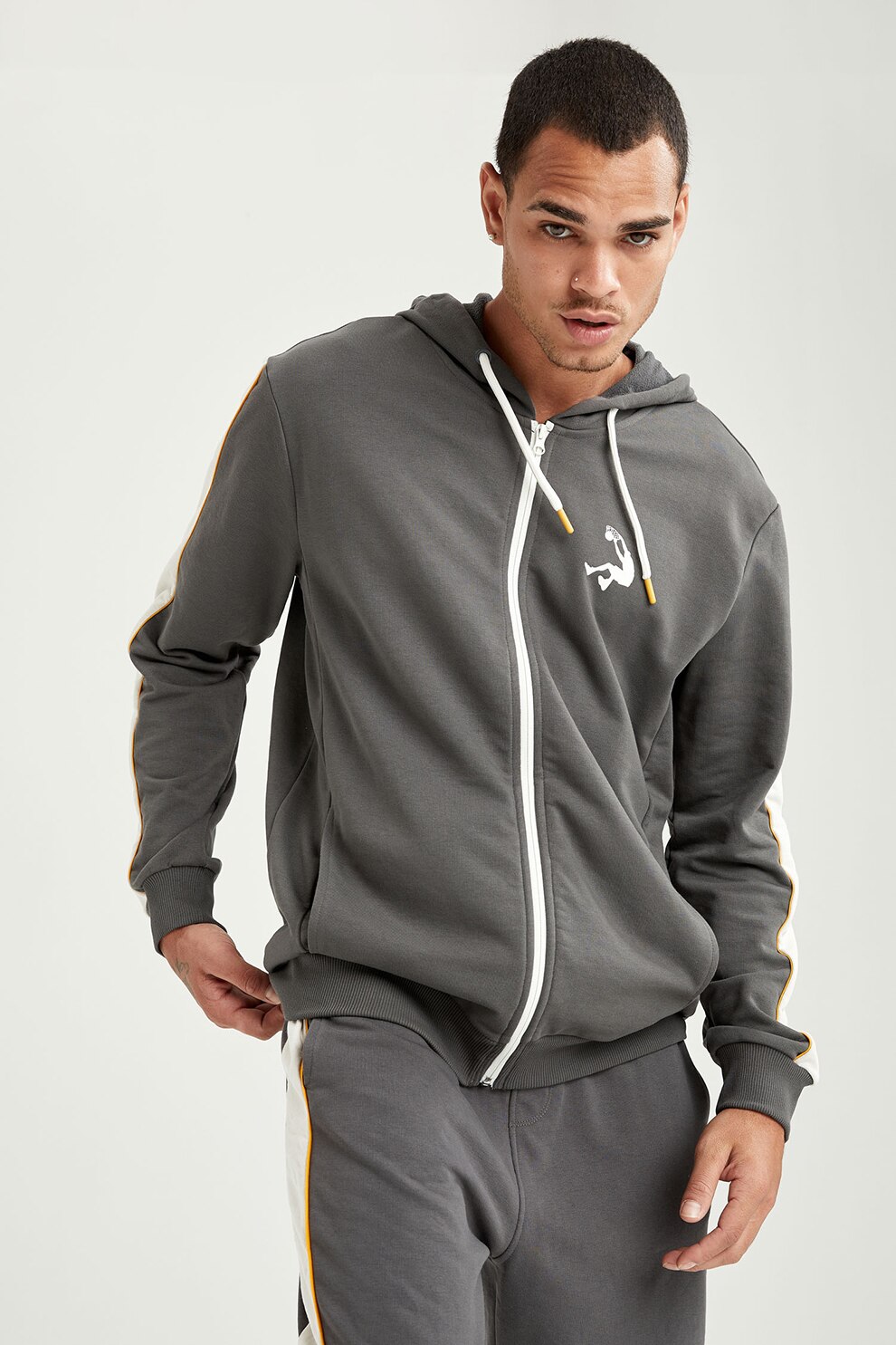 DeFacto, Hanorac cu fermoar si snur, Gri inchis/Alb