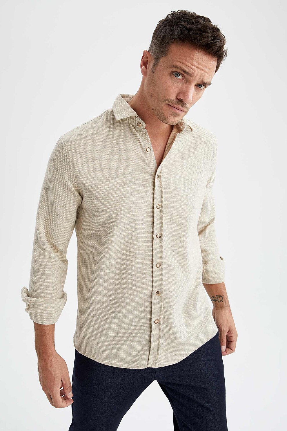 DeFacto, Camasa din flanel cu guler clasic, Maro nisip