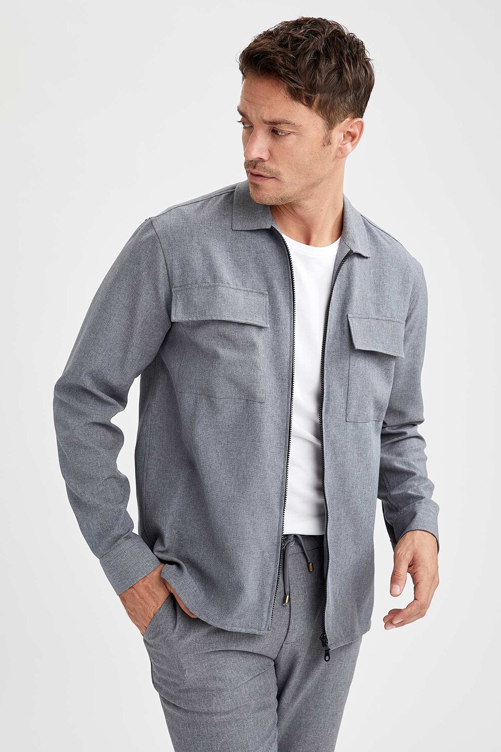 DeFacto, Camasa cu fermoar si buzunare cu clapa, Gri inchis