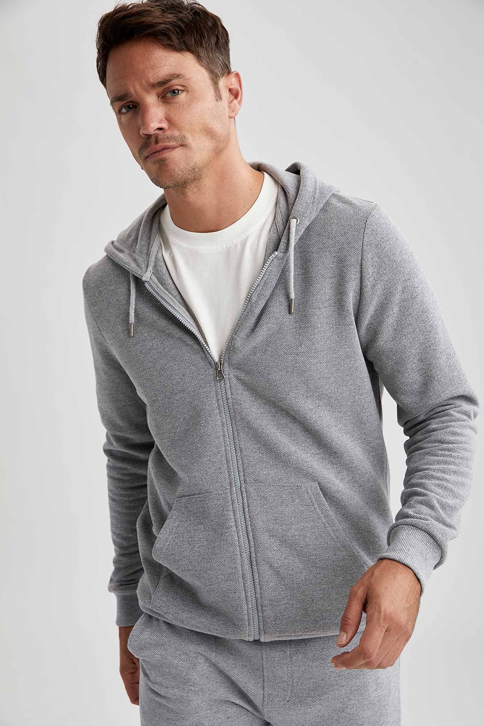 DeFacto, Hanorac cu fermoar si buzunare frontale, Gri melange