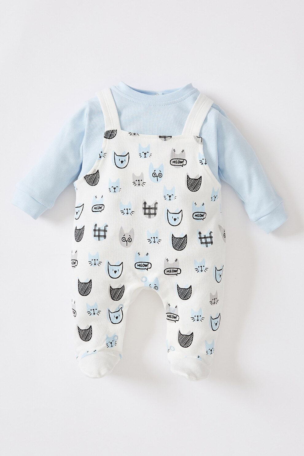 DeFacto, Salopeta cu imprimeu si botosei, Albastru aqua/Alb