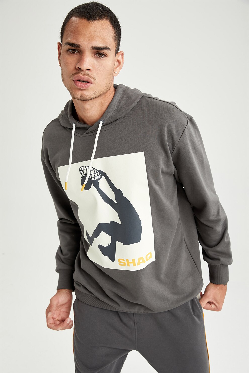 DeFacto, Hanorac din amestec de bumbac cu imprimeu grafic, Gri inchis, XL