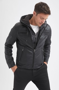 DeFacto, Jacheta slim fit de piele ecologica cu gluga, Negru DeFacto, Jacheta slim fit de piele ecologica cu gluga, Negru