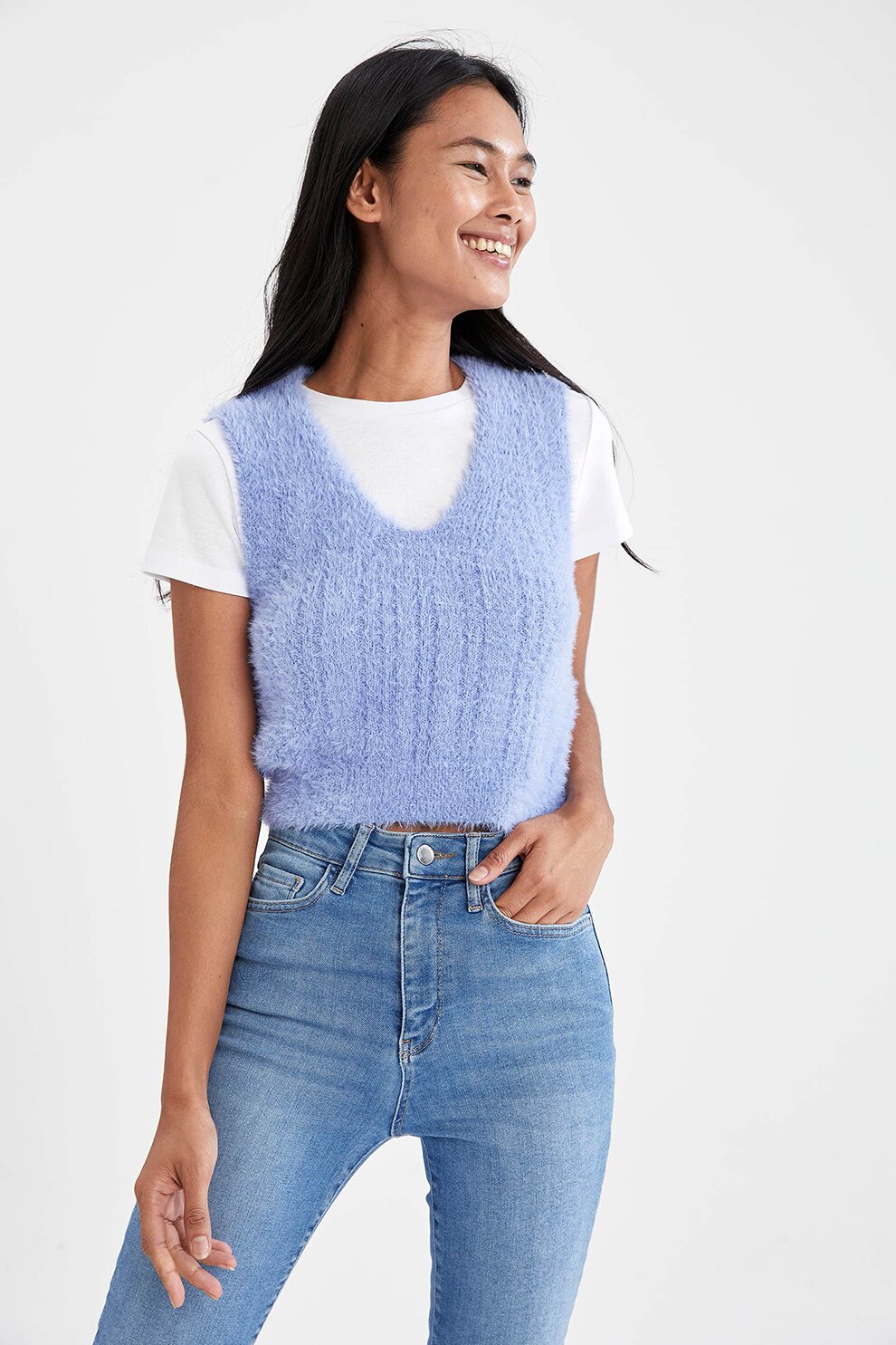 DeFacto, Vesta cu decolteu in V si aspect pufos, Albastru lavanda