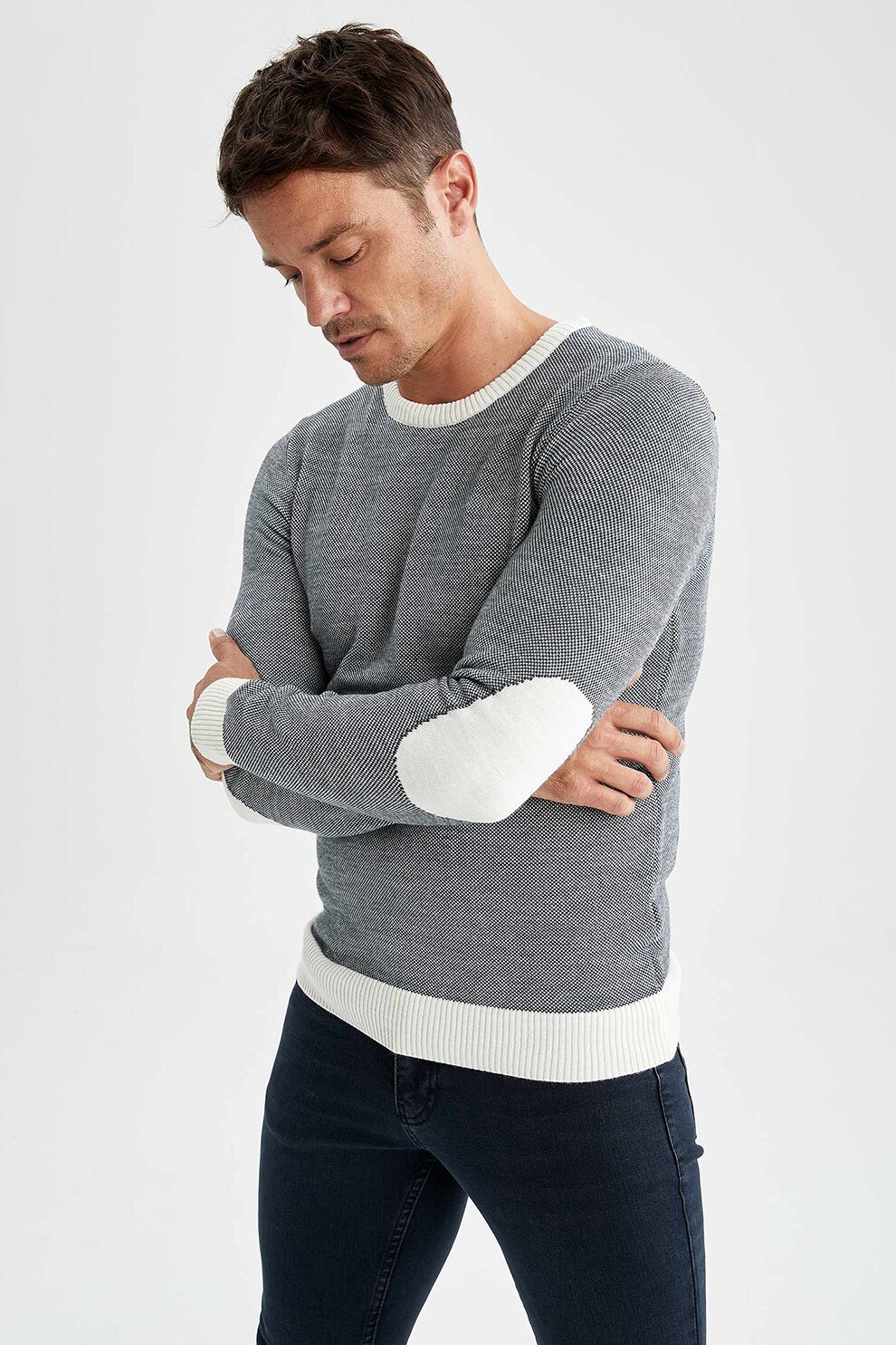 DeFacto, Pulover slim fit cu aplicatii pe coate, Gri/Alb