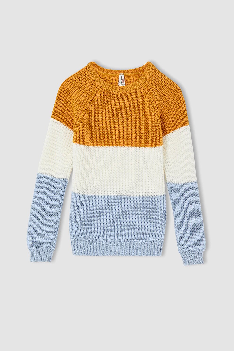 DeFacto, Pulover cu maneci raglan, Ocru/Alb/Albastru pastel, 146-152 CM