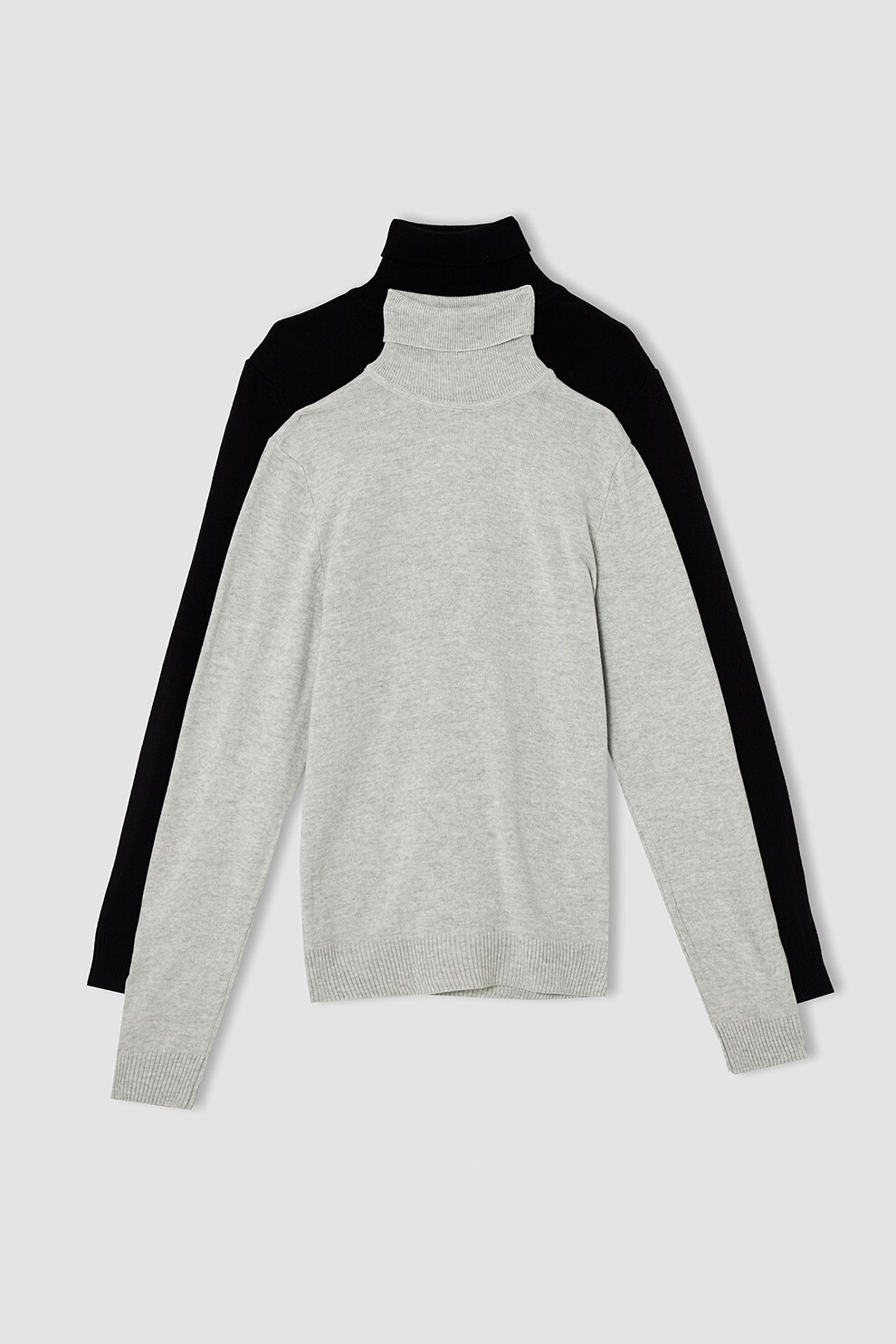 DeFacto, Set de pulovere tricotate fin cu guler inalt - 2 piese, Gri deschis/ Negru