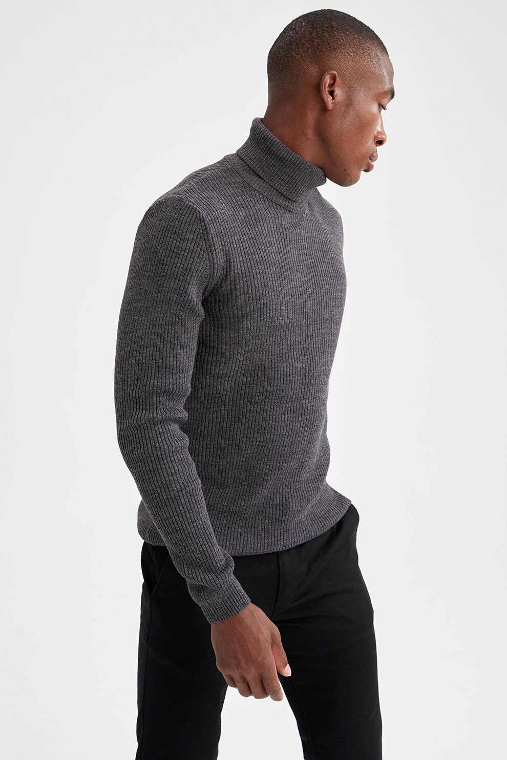 DeFacto, Set de pulovere slim fit cu guler inalt - 2 piese, Negru/Gri