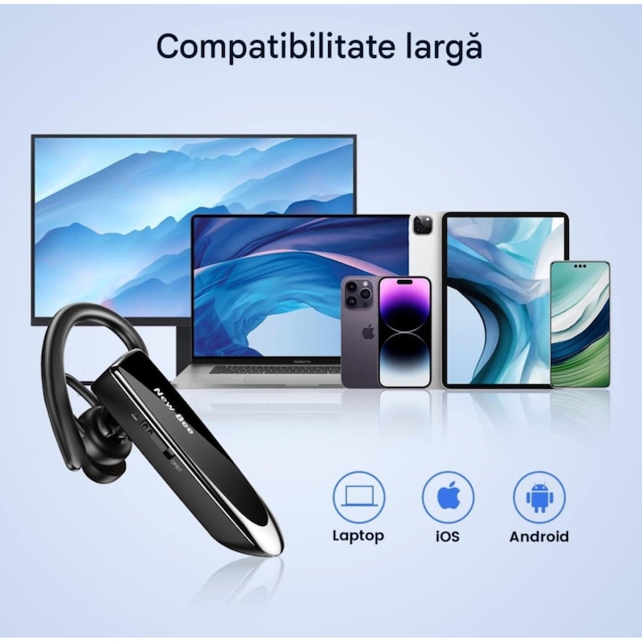 Casca Bluetooth New Bee LC-B41, Autonomie baterie 24 ore, Conectare la doua dispozitive simultan, Incarcare rapida, Bluetooth 5.0, Sunet HD, Compatibila cu Ios si Android, Universala, 10g, Culoare Negru