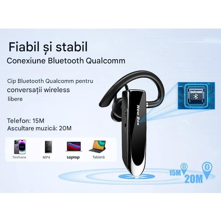 Casca Bluetooth New Bee LC-B41, Autonomie baterie 24 ore, Conectare la doua dispozitive simultan, Incarcare rapida, Bluetooth 5.0, Sunet HD, Compatibila cu Ios si Android, Universala, 10g, Culoare Negru