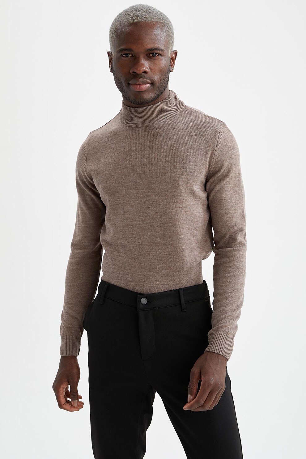 DeFacto, Pulover slim fit tricotat fin cu guler inalt, Maro taupe deschis