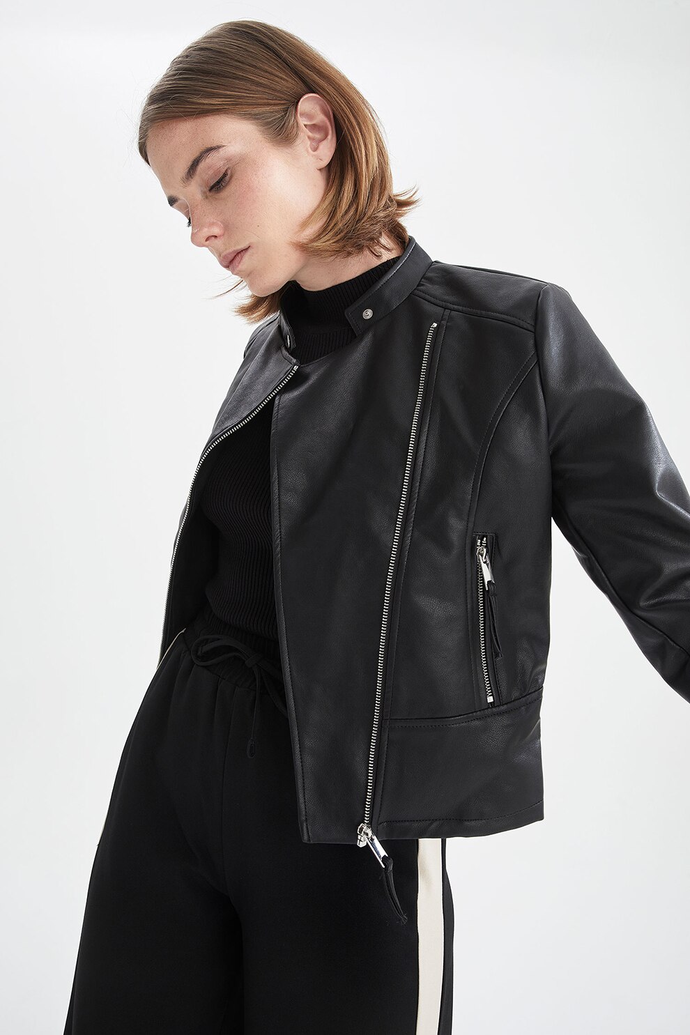 DeFacto, Jacheta crop din piele ecologica, Negru