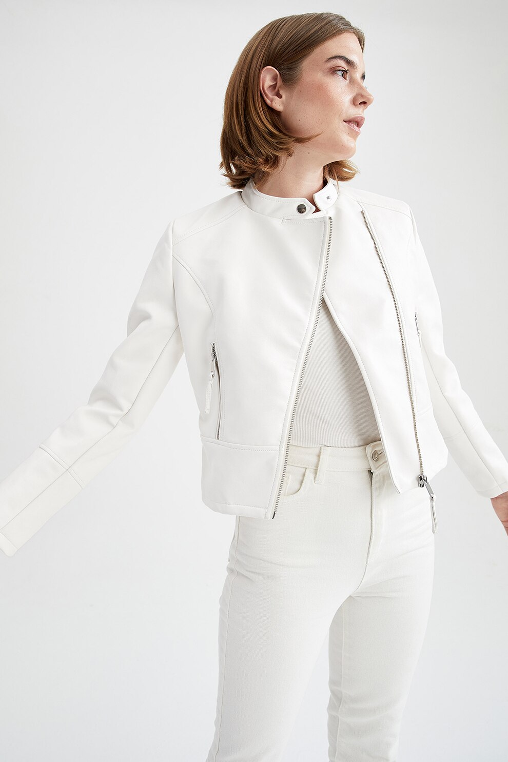 DeFacto, Jacheta crop din piele ecologica, Alb