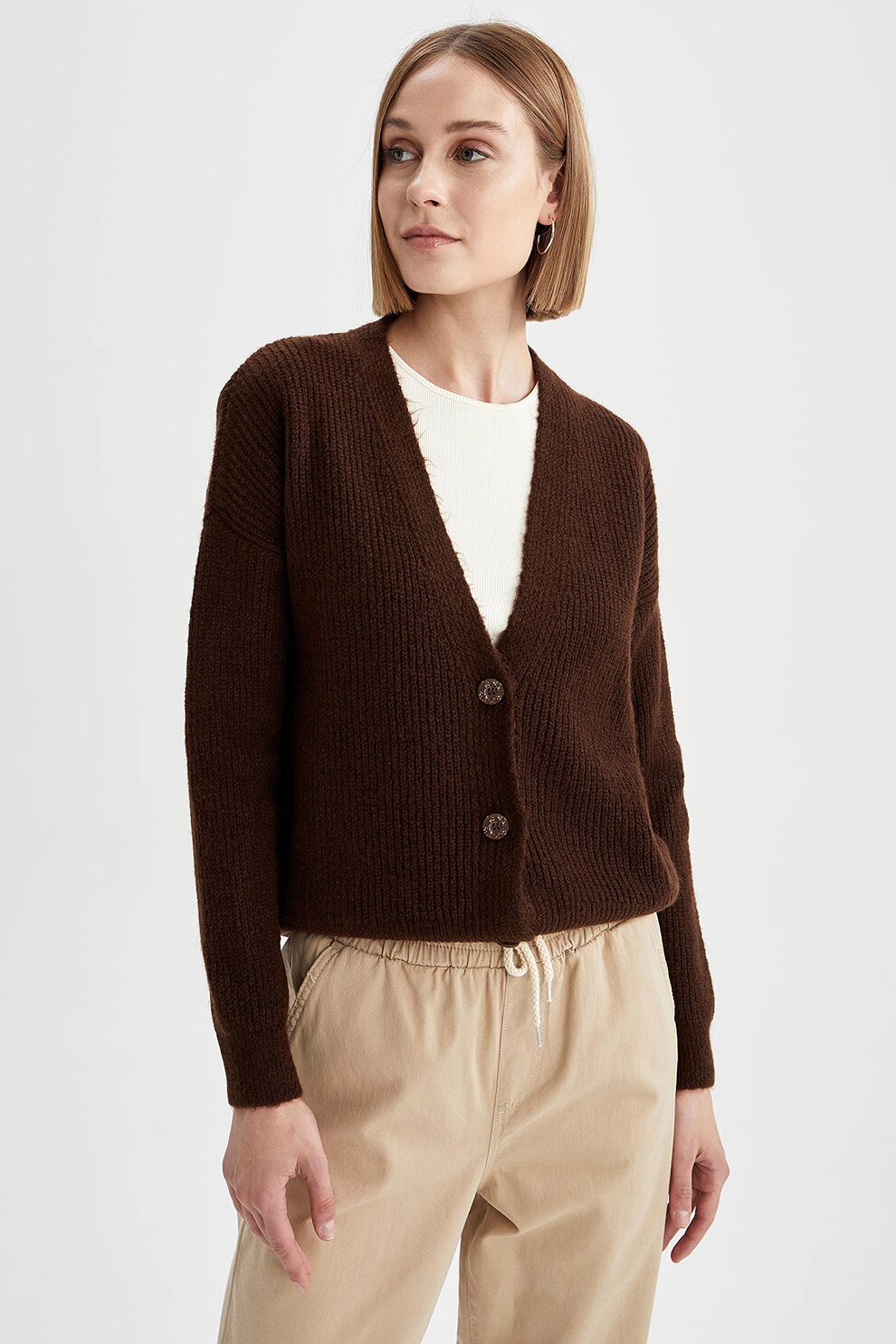 DeFacto, Cardigan cu decolteu in V, Maro inchis, 2XL