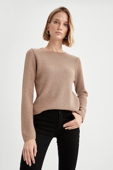 DeFacto, Pulover cu decolteu la baza gatului si detalii stralucitoare, Maro camel DeFacto, Pulover cu decolteu la baza gatului si detalii stralucitoare, Maro camel
