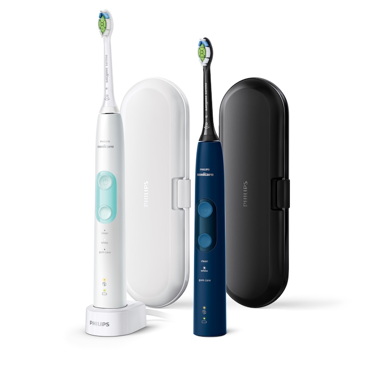 Комплект 2 електрически четки за зъби Philips Sonicare ProtectiveClean HX6851/34, 62000 движения/минута, 3 режима на почистване, Сензор за натискане, Функция BrushSync, 2 калъфа за носене, 2 глави за четки, Бял/Син