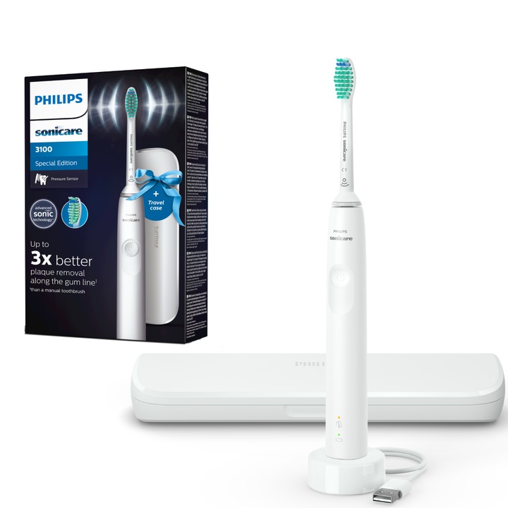 Ел. четка за зъби Philips Sonicare Seria 3100 HX3673/13, Звукова, 31 000 движения / минута, 1 режим на почистване, Сензор за налягане, Функция BrushSync, 1 глава, Транспортен калъф, Бял