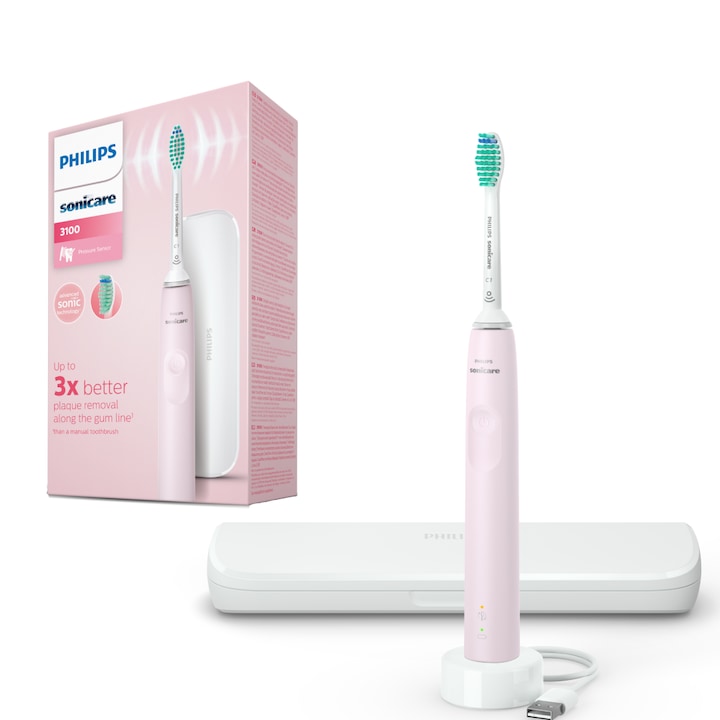 Ел. четка за зъби Philips Sonicare Seria 3100 HX3673/11, 31000 осцилации/мин, 1 режим на почистване, Сензор за натиск, Функция BrushSync, 1 глава, Калъф за пътуване, Розов