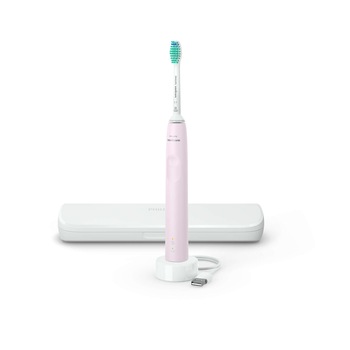 Periuta de dinti sonica electrica Philips Sonicare Seria 3100 HX3673/11, 62000 miscari/minut, 1 mod de curatare, senzor presiune, functia BrushSync, 1 cap de periere, toc de transport, Roz pastel Periuta de dinti sonica electrica Philips Sonicare Seria 3100 HX3673/11, 62000 miscari/minut, 1 mod de curatare, senzor presiune, functia BrushSync, 1 cap de periere, toc de transport, Roz pastel