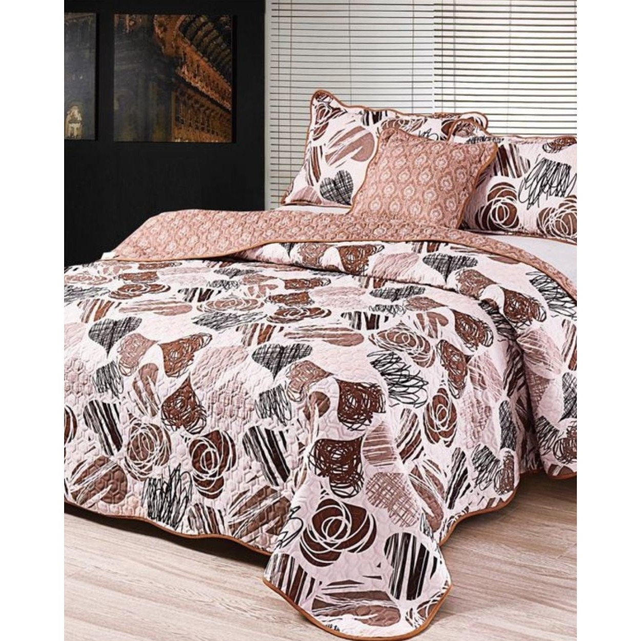 Cuvertura de Pat cu 2 Fete, 5 Piese, Bumbac Finet, Inimi Colorate, CVF5-28