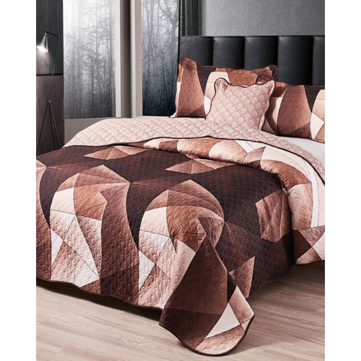 Cuvertura de Pat cu 2 Fete, 5 Piese, Bumbac Finet, Brown Triangles, CVF5-05