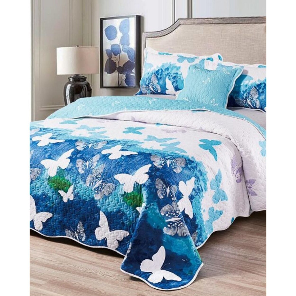 Cuvertura de Pat cu 2 Fete, 5 Piese, Bumbac Finet, Fluturi Albastri, CVF5-04