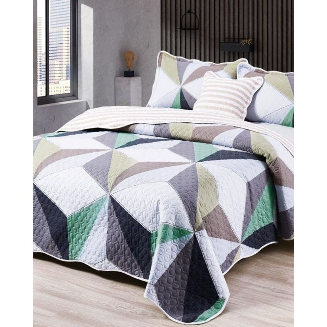 Cuvertura de Pat cu 2 Fete, 5 Piese, Bumbac Finet, Triunghiuri Colorate, CVF5-13