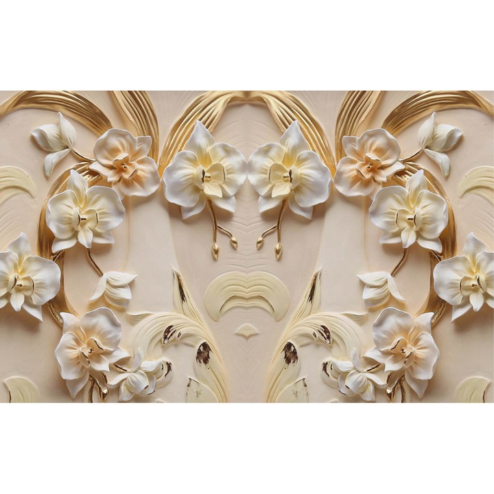 Fototapet 3D, Flori albe cu petale de aur, 200 x 150 cm
