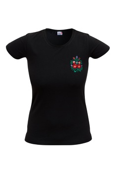 Tricou de dama cu broderie, model traditional zona Cluj, Textilia, Negru Tricou de dama cu broderie, model traditional zona Cluj, Textilia, Negru