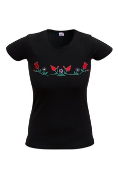 Tricou de dama cu broderie, model traditional zona Cluj, Textilia, negru, M Tricou de dama cu broderie, model traditional zona Cluj, Textilia, negru, M