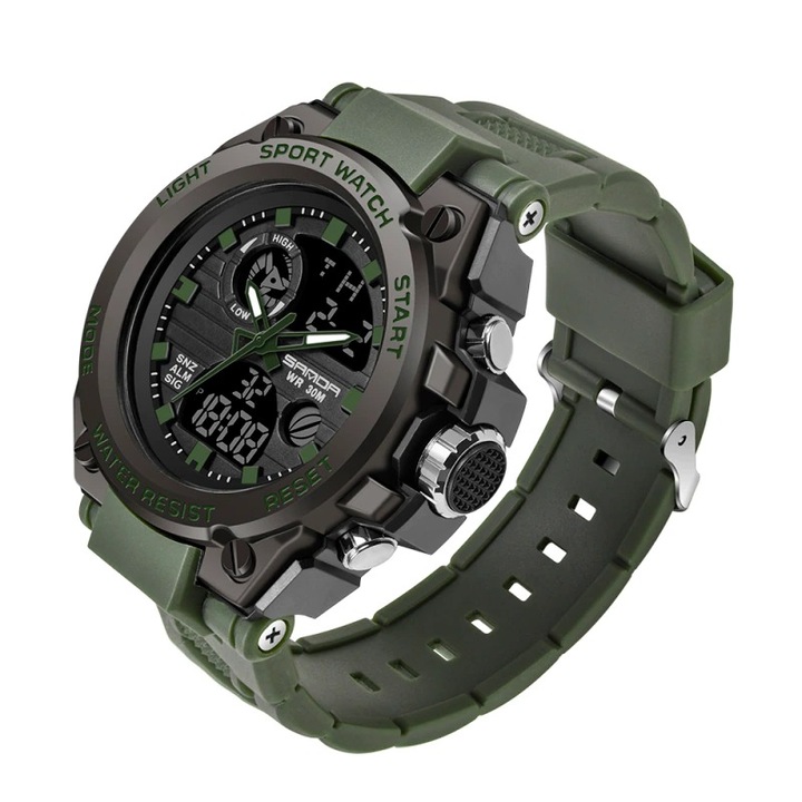 Спортен мъжки часовник Sanda Breakthrough, Хронограф, Двойно време, LED Подсветка, Черен / Зелен
