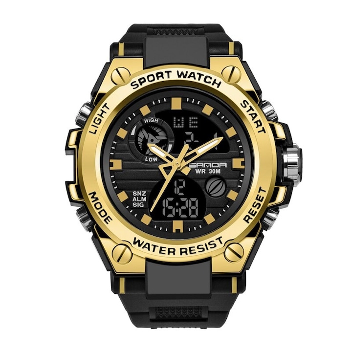 Спортен мъжки часовник Sanda Breakthrough, Хронограф, Двойно време, LED Подсветка, Черен / Златист