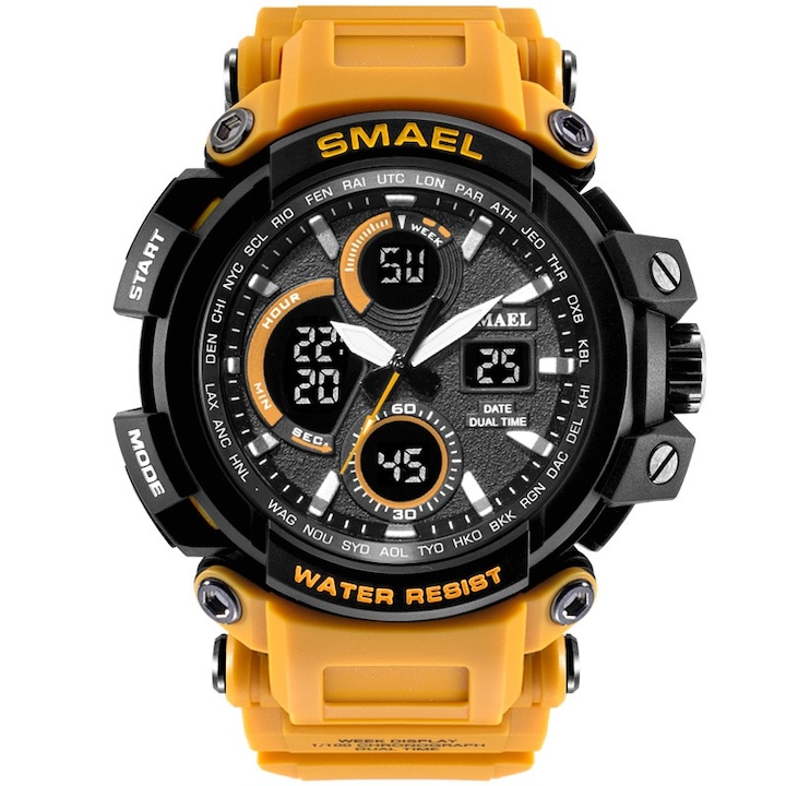 Спортен мъжки часовник Smael Strong, Хронограф, LED Подсветка, Двойно време, Оранжев / Черен