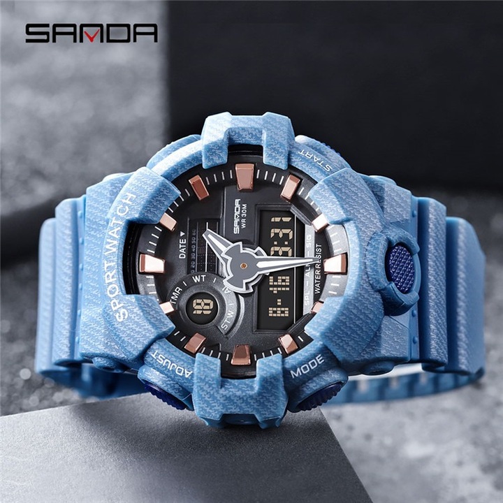 Спортен мъжки часовник Sanda Breakthrough II, Хронограф, LED Подсветка, Син