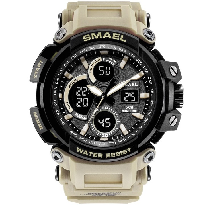 Спортен мъжки часовник Smael Strong, Хронограф, LED Подсветка, Двойно време, Бежов / Черен