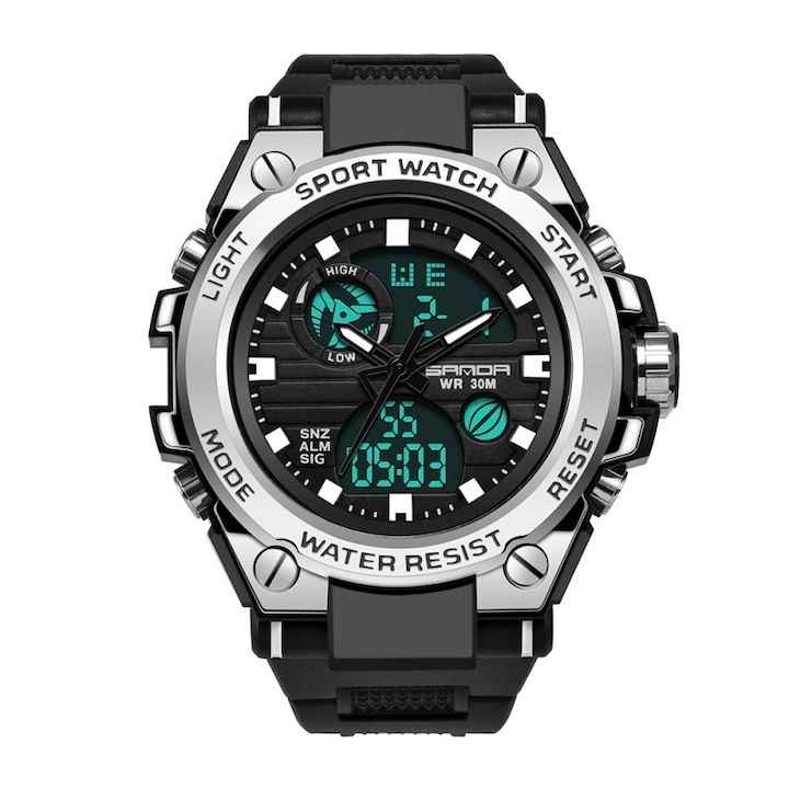 Спортен мъжки часовник Sanda Breakthrough, Хронограф, Двойно време, LED Подсветка, Черен / Сребрист