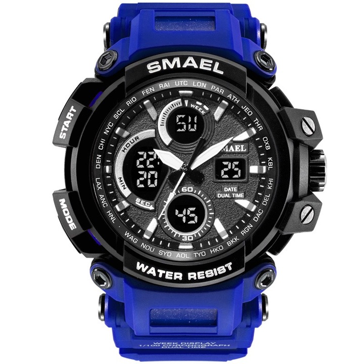 Спортен мъжки часовник Smael Strong, Хронограф, LED Подсветка, Двойно време, Син / Черен